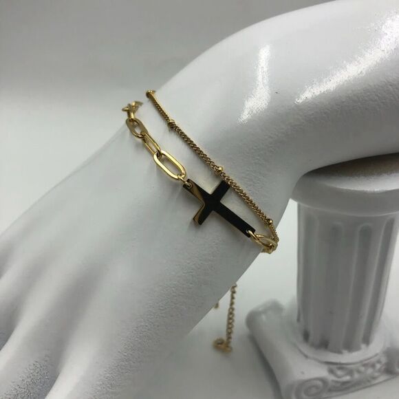 18K Gold Plated Stainless Steel Multi Strand Cross Bracelet Women's Spiritual - Picture 3 of 9